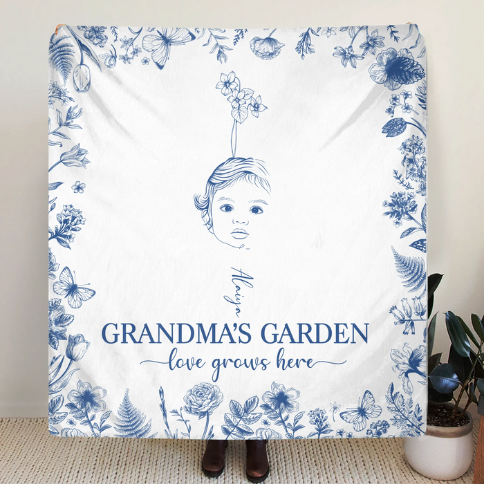 Custom Personalized Grandma's Garden Quilt/ Fleece Throw Blanket/ Pillow Cover - Custom Side Profile Birthmonth Flower - Upto 6 Kids - Love Grows Here