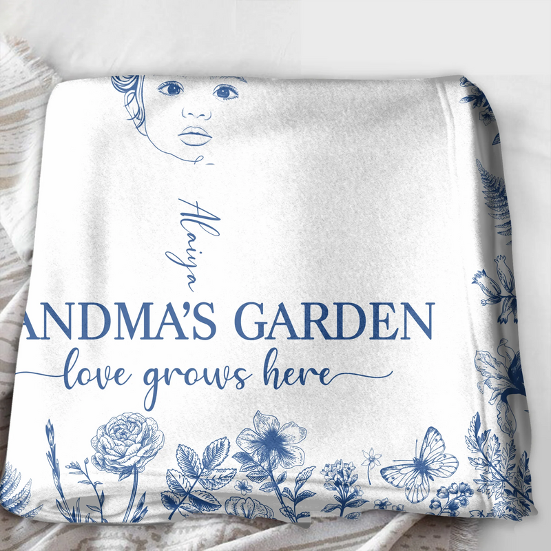 Custom Personalized Grandma's Garden Quilt/ Fleece Throw Blanket/ Pillow Cover - Custom Side Profile Birthmonth Flower - Upto 6 Kids - Love Grows Here