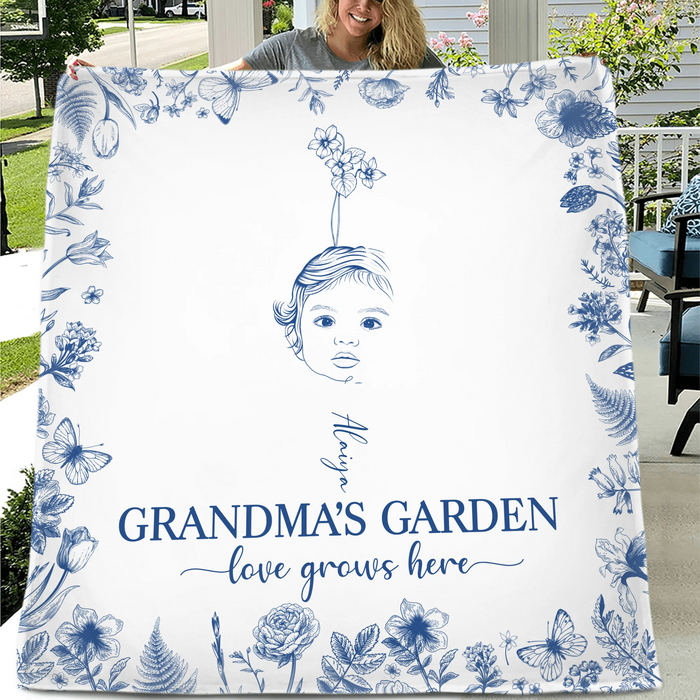 Custom Personalized Grandma's Garden Quilt/ Fleece Throw Blanket/ Pillow Cover - Custom Side Profile Birthmonth Flower - Upto 6 Kids - Love Grows Here