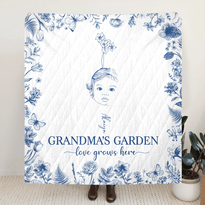 Custom Personalized Grandma's Garden Quilt/ Fleece Throw Blanket/ Pillow Cover - Custom Side Profile Birthmonth Flower - Upto 6 Kids - Love Grows Here