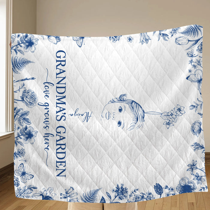 Custom Personalized Grandma's Garden Quilt/ Fleece Throw Blanket/ Pillow Cover - Custom Side Profile Birthmonth Flower - Upto 6 Kids - Love Grows Here