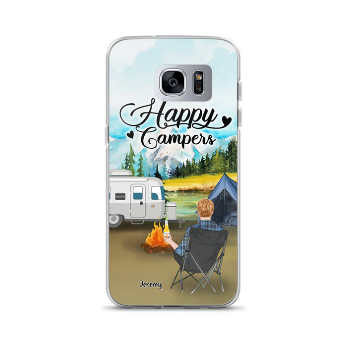 Personalized Camping Phone Case- Single Parent/ Couple With Upto 3 Dogs - Happy Campers - Phone Case For iPhone And Samsung