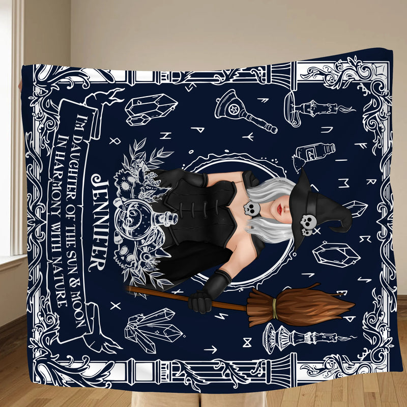 Custom Personalized Witch Fleece Throw/ Quilt Blanket - Mystical Gift for Witch Lovers, Sister, Mom, Friend - I'm The Daughter Of The Sun & Moon