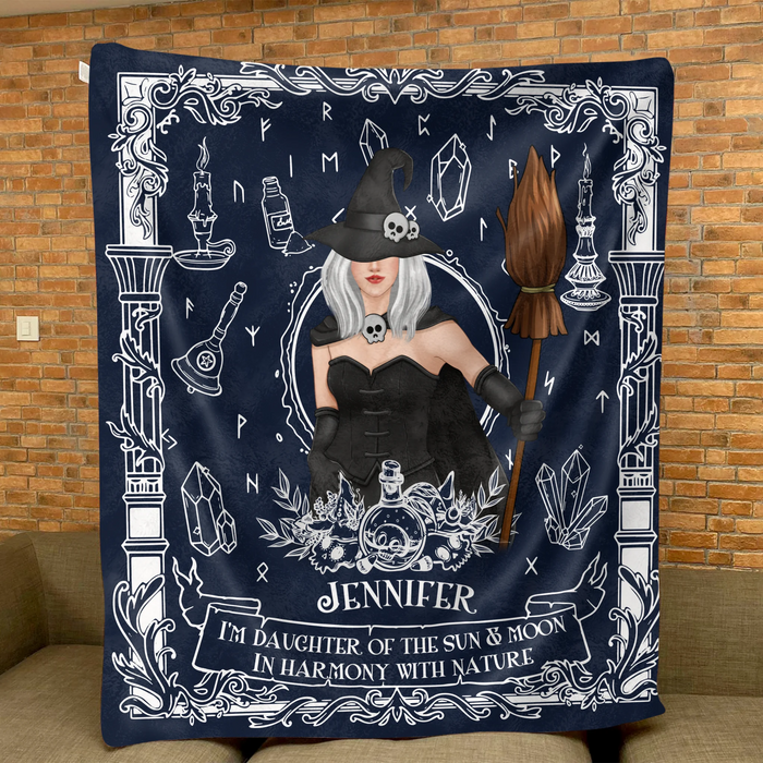 Custom Personalized Witch Fleece Throw/ Quilt Blanket - Mystical Gift for Witch Lovers, Sister, Mom, Friend - I'm The Daughter Of The Sun & Moon