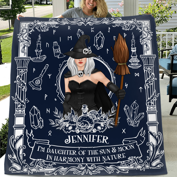 Custom Personalized Witch Fleece Throw/ Quilt Blanket - Mystical Gift for Witch Lovers, Sister, Mom, Friend - I'm The Daughter Of The Sun & Moon