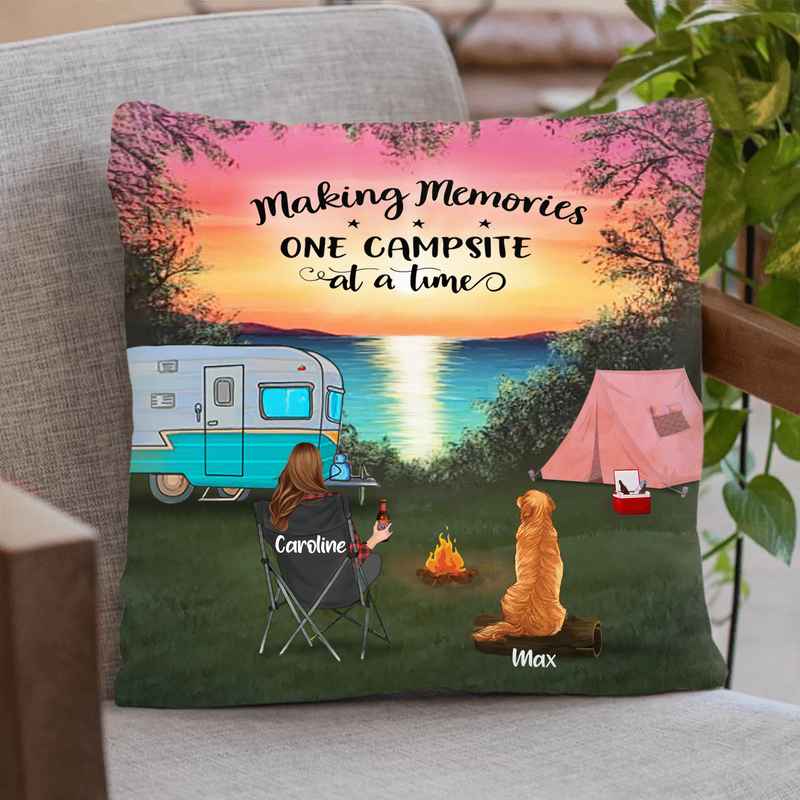 Personalized Camping Pillow Cover/Fleece/Quilt Blanket - Couple With Up to 2 Kids And 3 Pets - Gift Idea For Camping Lover - Making Memories One Campsite At A Time