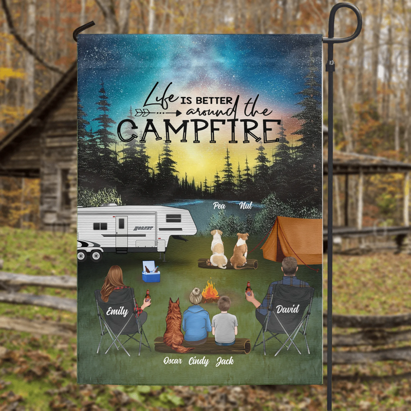 Personalized Night Camping Flag Sign - Best Gift For Camping Family/Couple/Single Parent/Solo - Up to 4 Kids and 3 Pets - Life Is Better Around The Campfire