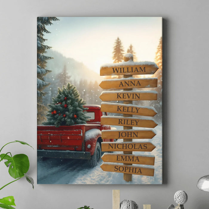 Personalized Street Sign In Red Truck On Way Background Canvas - Gift Idea For Family - Up To 9 Members