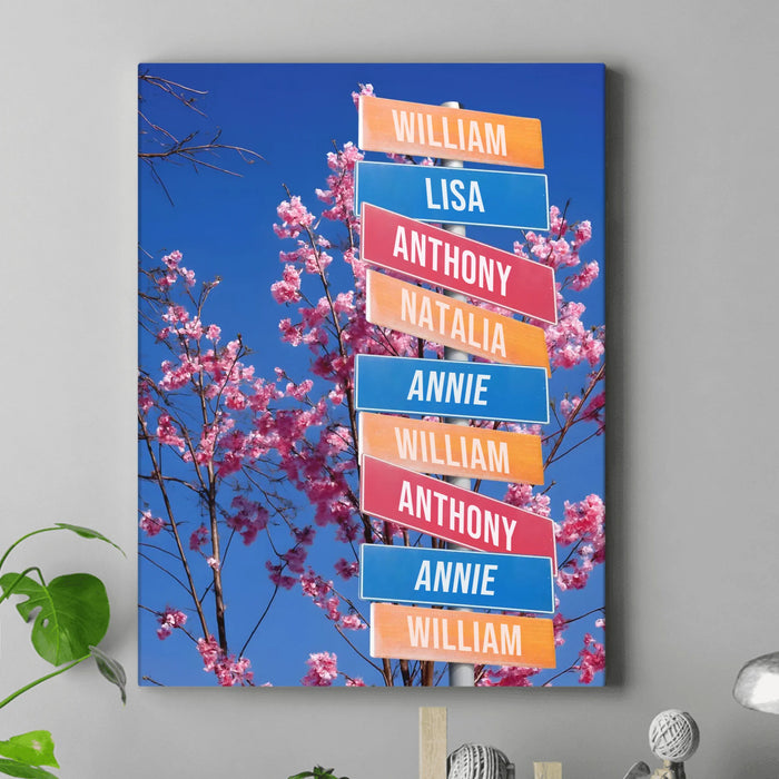Personalized Street Sign In Cherry Blossom Canvas - Up to 9 Members - Gift Idea For Family/ Friend