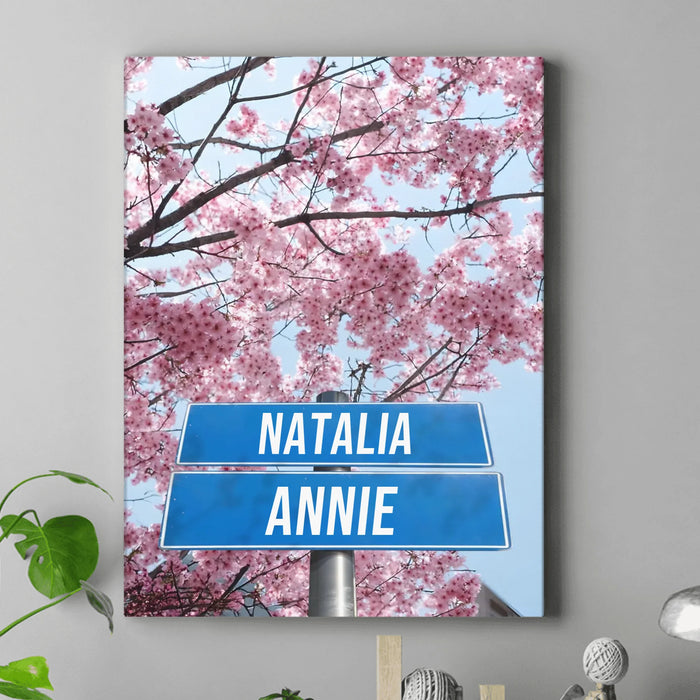 Personalized Street Sign In Cherry Blossom Canvas - Up to 9 Names