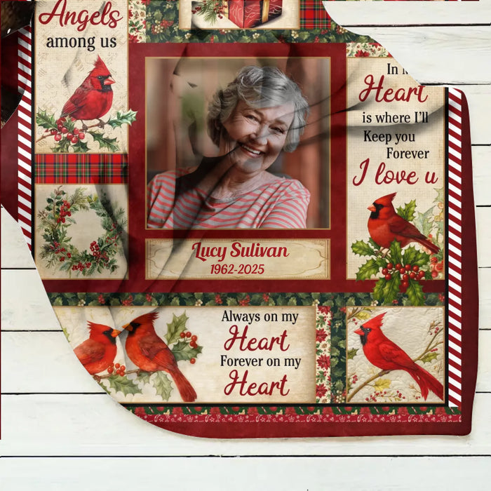 Personalized Christmas Memorial Fleece Throw Blanket / Quilt – In My Heart Is Where I'll Keep You Forever - Custom Photo Sympathy Gift for Loss of Loved One