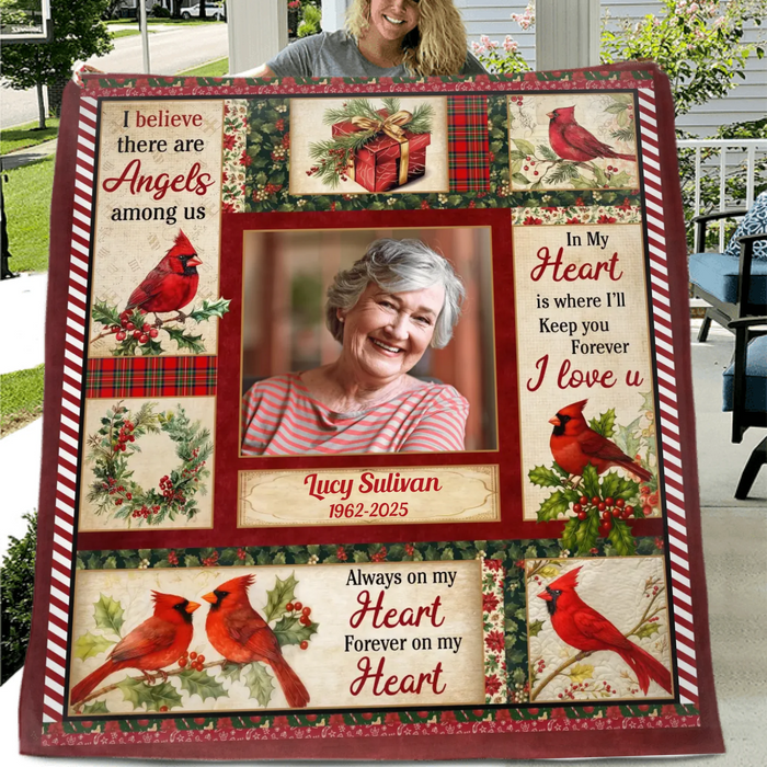 Personalized Christmas Memorial Fleece Throw Blanket / Quilt – In My Heart Is Where I'll Keep You Forever - Custom Photo Sympathy Gift for Loss of Loved One