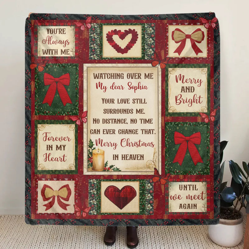 Personalized Christmas Memorial Fleece Throw Blanket / Quilt - Custom Name - Merry Christmas in Heaven - Sympathy Gift for Loss of Loved One