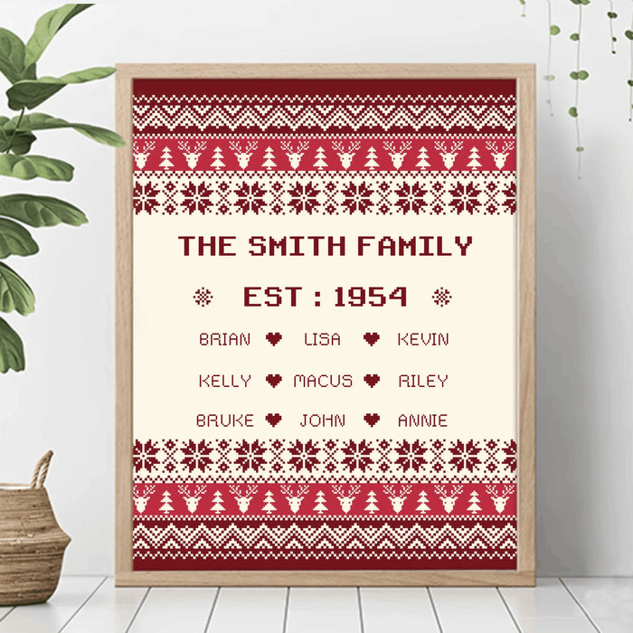 Personalized Christmas Family Poster – Cozy Knit Pattern, Custom Names & Year – Holiday Home Decor for Families