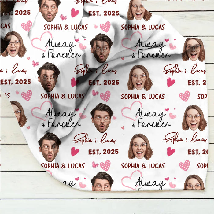 Personalized Couple Face Blanket - Add Your Faces, Names & Anniversary Year - Cute & Fun Valentine’s Gift