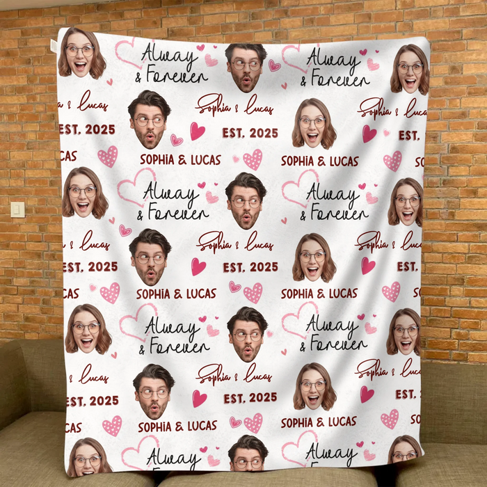 Personalized Couple Face Blanket - Add Your Faces, Names & Anniversary Year - Cute & Fun Valentine’s Gift