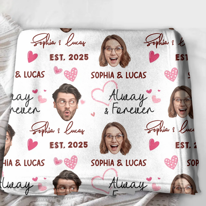 Personalized Couple Face Blanket - Add Your Faces, Names & Anniversary Year - Cute & Fun Valentine’s Gift