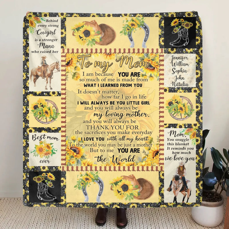 Personalized To My Mom Sunflower Fleece Throw Blanket/ Quilt – Cowgirl Theme with Up to 5 Kids’ Names – Heartfelt Mother’s Day or Birthday Gift