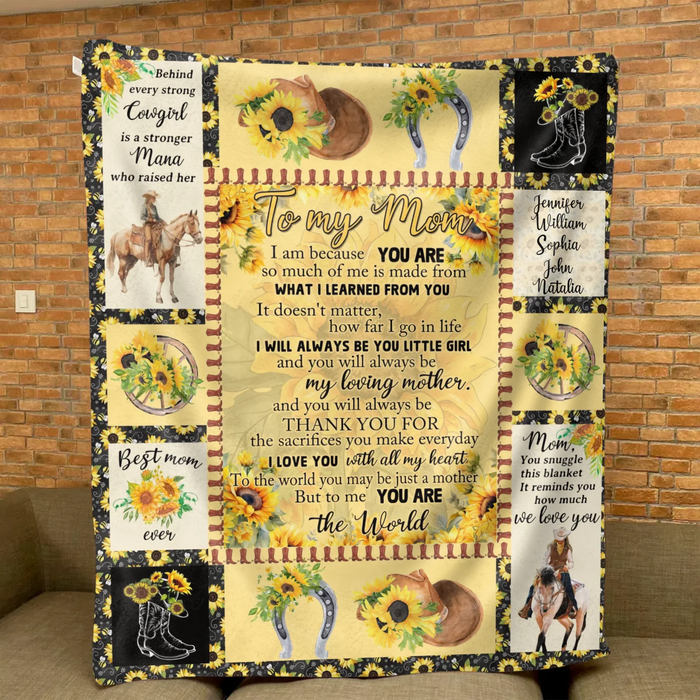 Personalized To My Mom Sunflower Fleece Throw Blanket/ Quilt – Cowgirl Theme with Up to 5 Kids’ Names – Heartfelt Mother’s Day or Birthday Gift