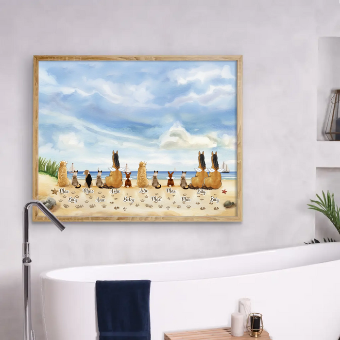 Personalized Pet At The Beach Poster - Gift Idea For Dog/ Cat/ Rabbit/ Horse Lovers with up to 12 Pets - Home Decor Gift