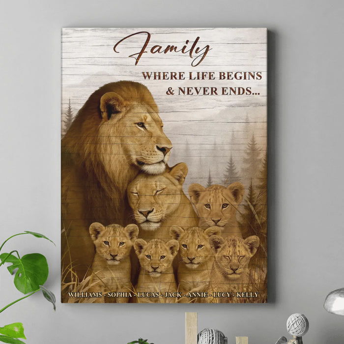 Personalized Lion Family Canvas - Custom Names - “Family Where Life Begins & Never Ends” - Gift for Parents & Kids