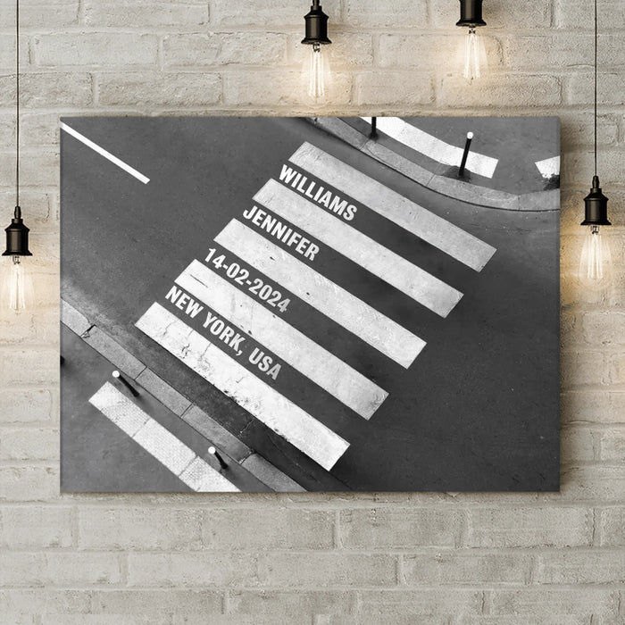 Personalized Crosswalk Street Canvas – Custom Names, Date & Location – Unique Anniversary Gift, Wedding Gift, Valentine’s Day Canvas Art