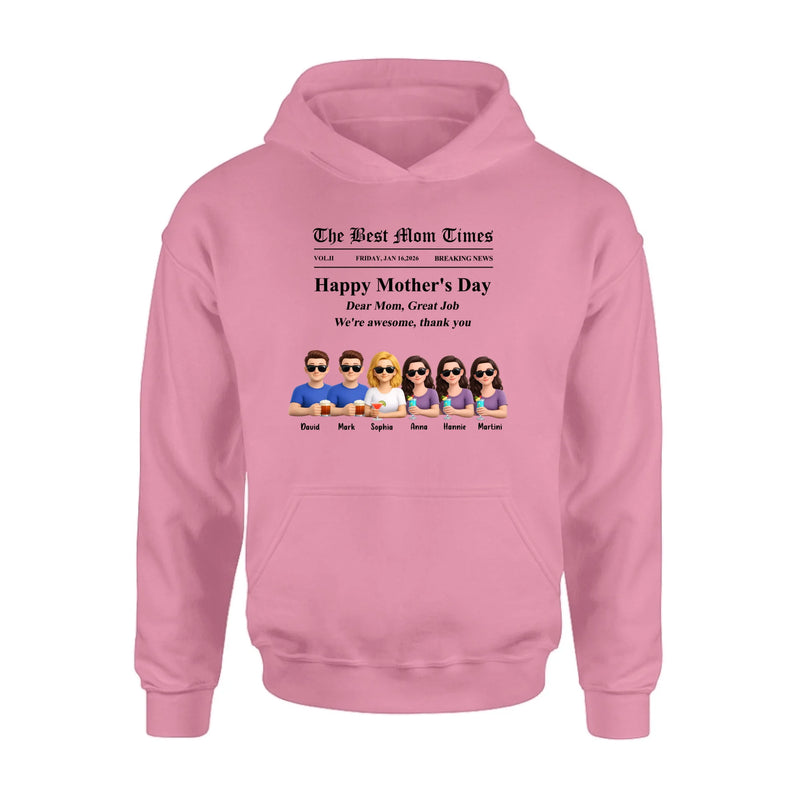 Personalized Mother’s Day Newspaper Shirt/ Hoodie – The Best Mom Times Family – Custom Mom with up to 5 Kids – Funny Thank You Mom Gift for Mother’s Day, Birthday & Family Anniversary