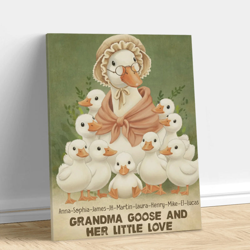 Personalized Grandma Goose Canvas – Custom Names with Grandkids with up to 9 Kids – Grandma Goose and Her Little Loves Wall Art