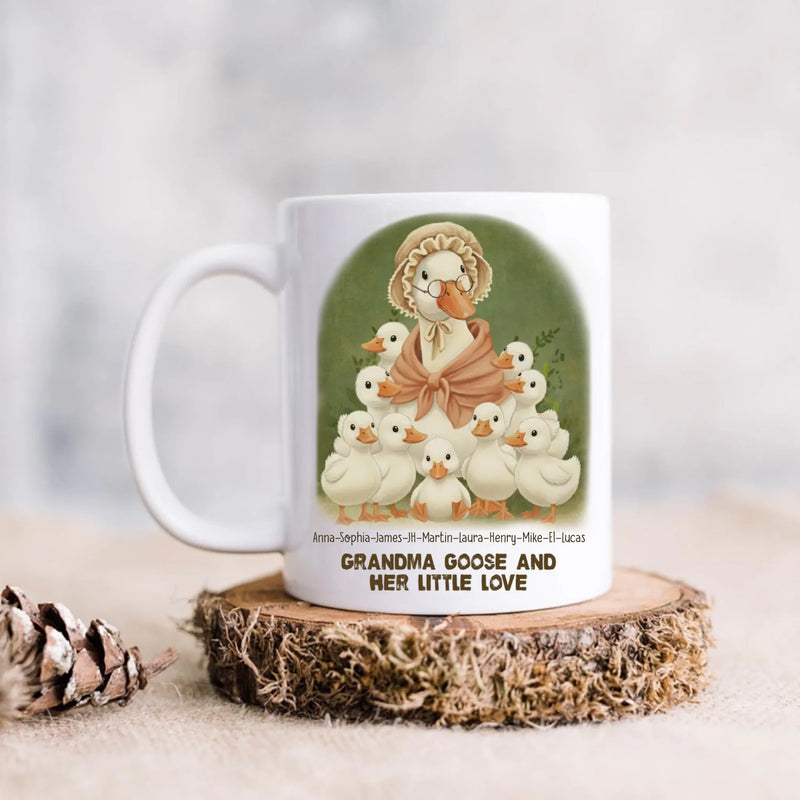 Personalized Grandma Goose Coffee Mug – Custom Names with Grandkids with up to 9 Kids – Grandma Goose and Her Little Love
