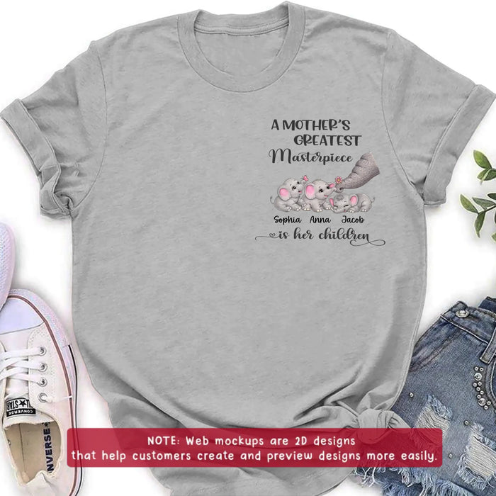 Personalized “A Mother’s Greatest Masterpiece Is Her Children” Embroidered Shirt/ Hoodie with Cute Elephants - Custom Kids Names Shirt for Mom - Mother’s Day Gift, Birthday Gift for Mom with up to 3 Kids