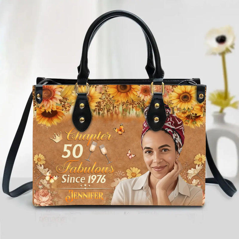 Personalized “Chapter 50 Fabulous Since 1976” PU Leather Handbag with Long Straps – Custom Photo & Name Tote Purse – 50th Birthday Gift for Women