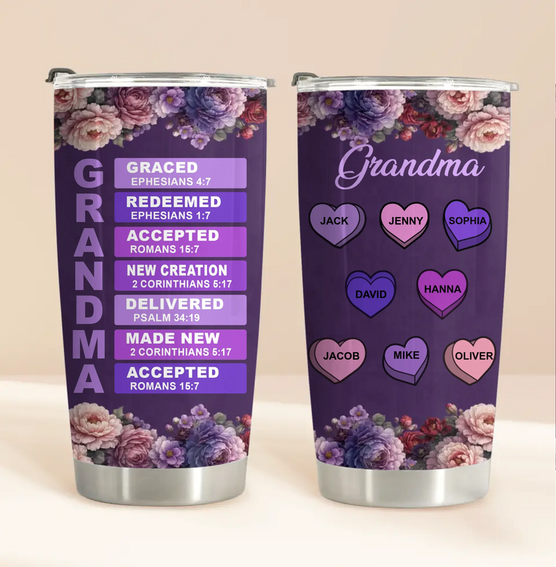 Personalized Christian Grandma Tumbler – “GRANDMA: Graced, Redeemed, Accepted” with up to 8 Kids – Faith Mother’s Day, Birthday or Christmas Gift