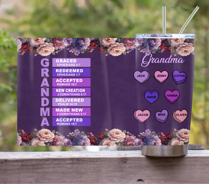 Personalized Christian Grandma Tumbler – “GRANDMA: Graced, Redeemed, Accepted” with up to 8 Kids – Faith Mother’s Day, Birthday or Christmas Gift