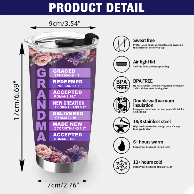 Personalized Christian Grandma Tumbler – “GRANDMA: Graced, Redeemed, Accepted” with up to 8 Kids – Faith Mother’s Day, Birthday or Christmas Gift
