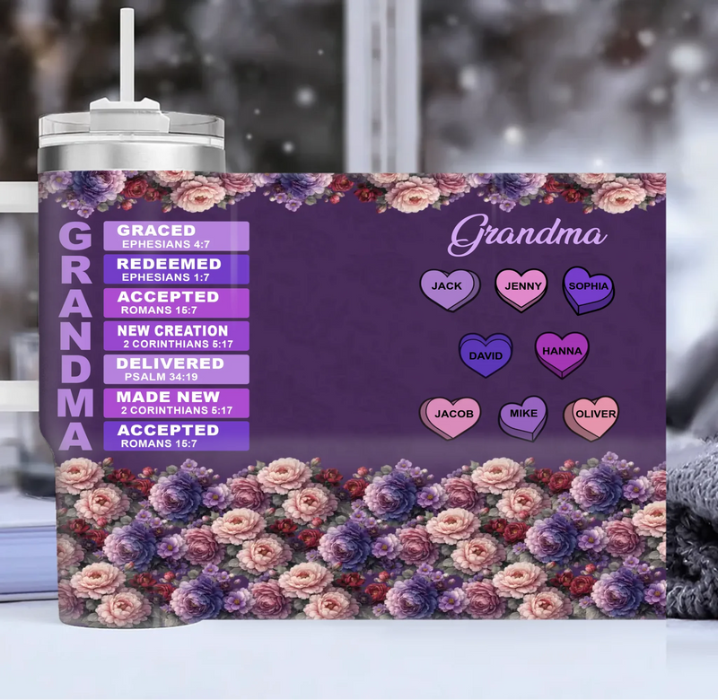 Personalized Christian Grandma 40oz Tumbler – “GRANDMA: Graced, Redeemed, Accepted” with up to 8 Kids – Faith Mother’s Day, Birthday or Christmas Gift