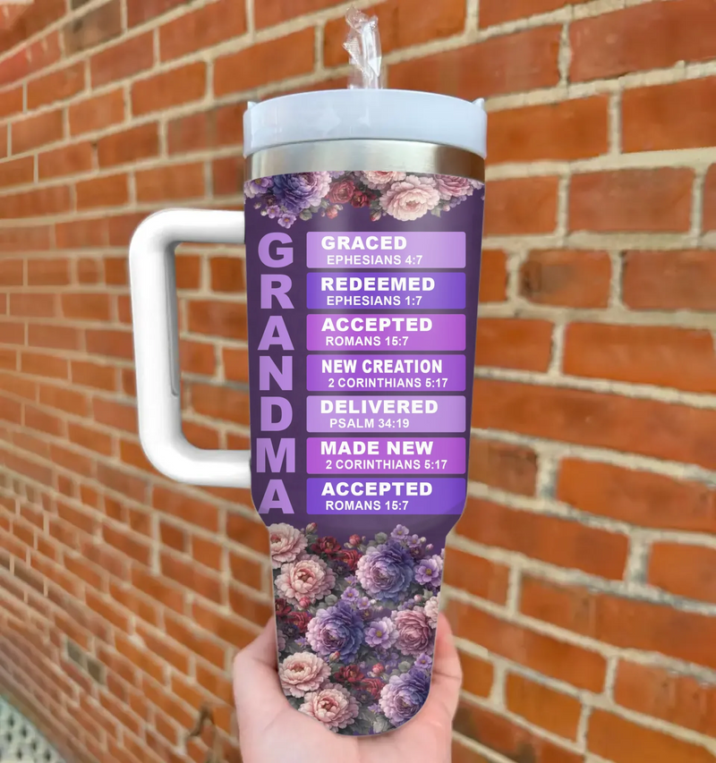 Personalized Christian Grandma 40oz Tumbler – “GRANDMA: Graced, Redeemed, Accepted” with up to 8 Kids – Faith Mother’s Day, Birthday or Christmas Gift