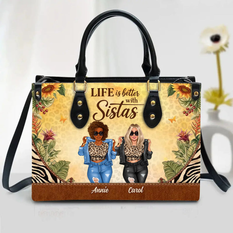 Personalized Sisters PU Leather Handbag with Long Straps – “Life Is Better With Sistas” – Birthday, Christmas or Sister Appreciation Gift for Sisters with up to 7 Members