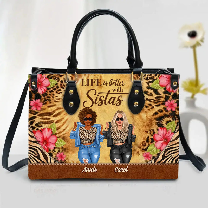 Personalized Sisters PU Leather Handbag with Long Straps – “Life Is Better With Sistas” – Birthday, Christmas or Sister Appreciation Gift with up to 7 Sisters