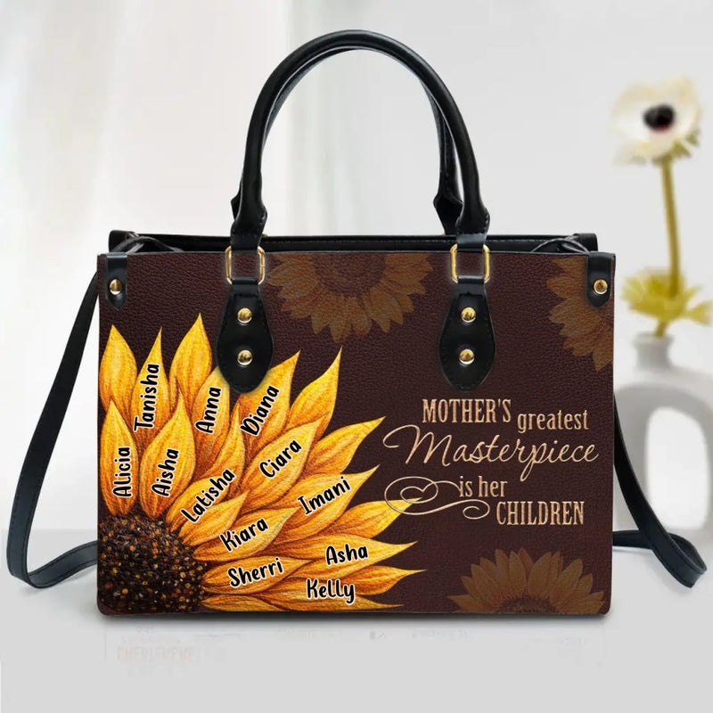 Personalized Mom Sunflower PU Leather Handbag with Long Straps – “Mother’s Greatest Masterpiece Is Her Children” Custom Kids Names with up to 12 Kids – Mother’s Day, Birthday or Christmas Gift for Mom/ Grandma