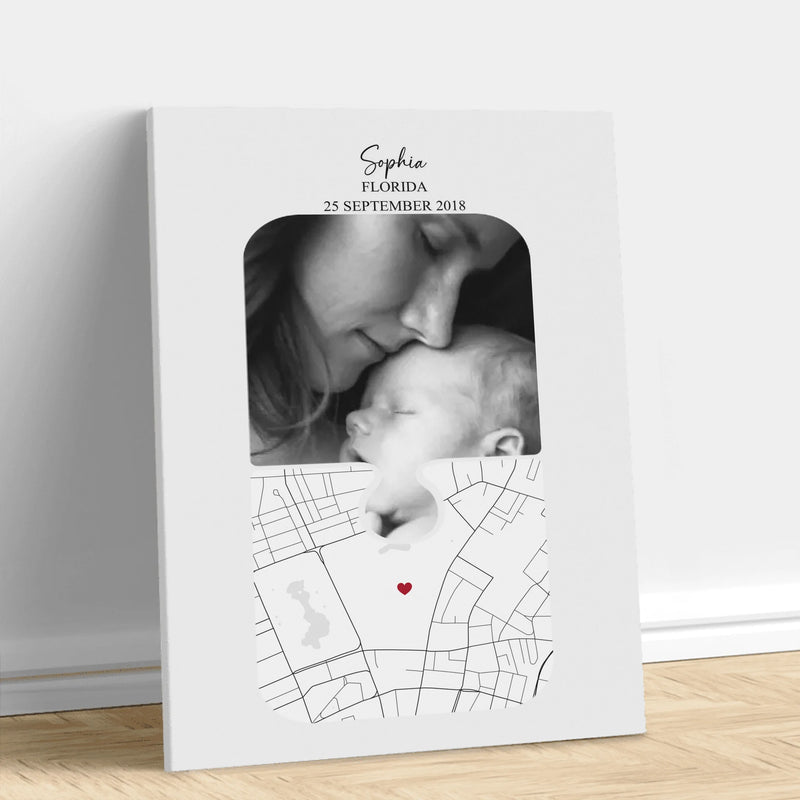 Personalized Birth Map Canvas – Custom Photo & Location Night Sky Puzzle Art – Baby Birth, Newborn Gift, Mother’s Day or Family Keepsake Wall Decor
