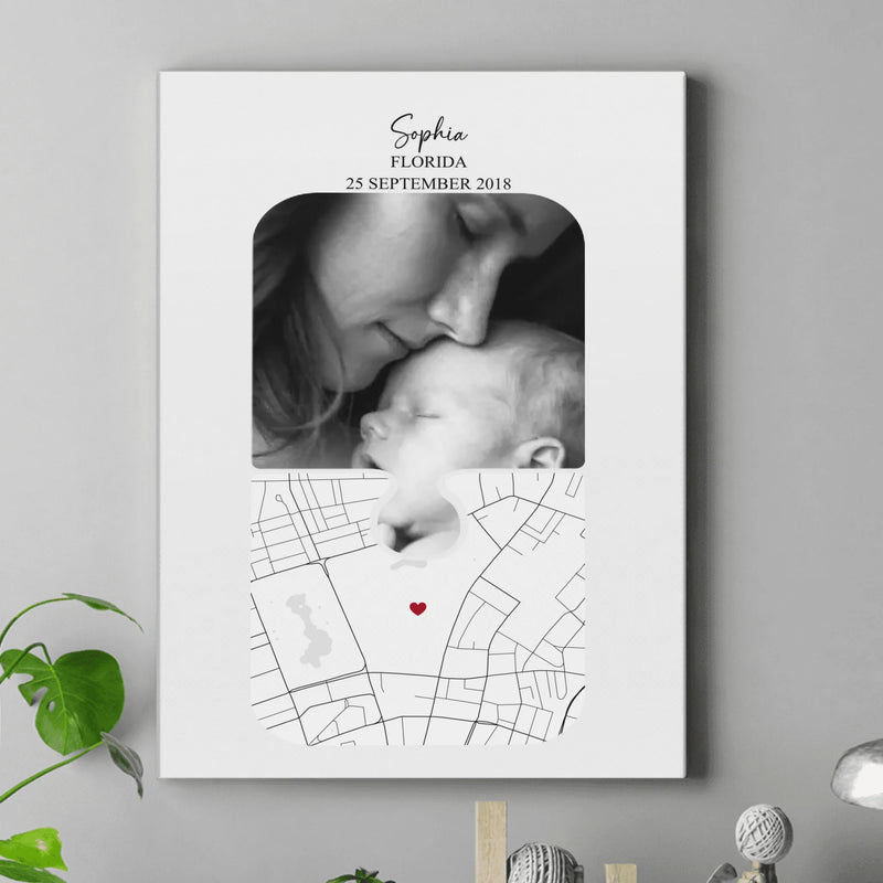 Personalized Birth Map Canvas – Custom Photo & Location Night Sky Puzzle Art – Baby Birth, Newborn Gift, Mother’s Day or Family Keepsake Wall Decor