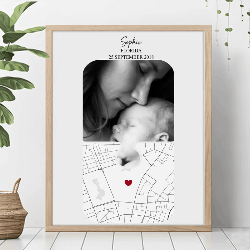 Personalized Birth Map Poster – Custom Photo & Location Night Sky Puzzle Art – Baby Birth, Newborn Gift, Mother’s Day or Family Keepsake Wall Decor