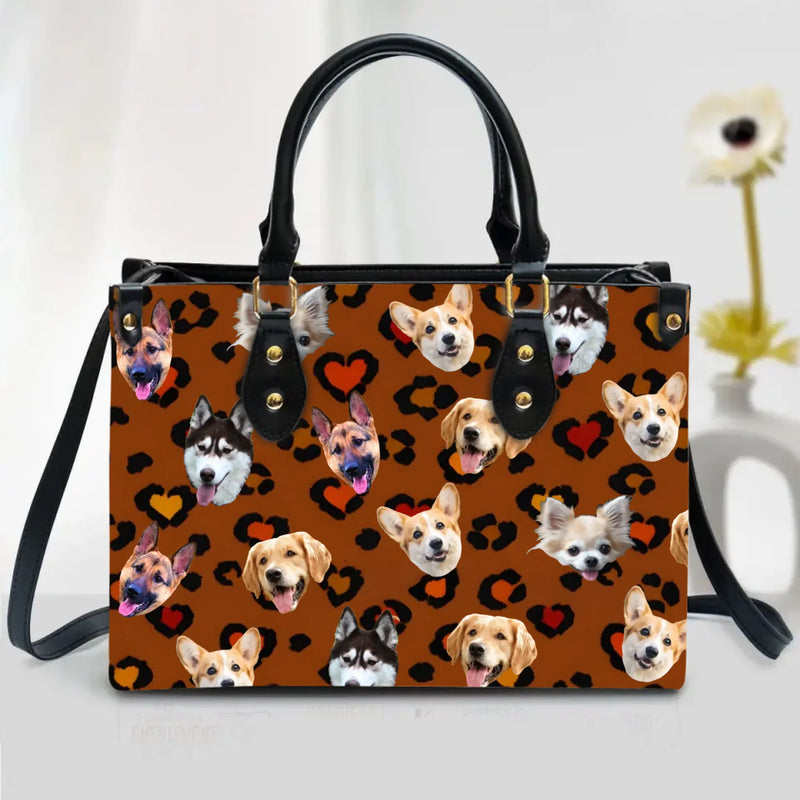 Personalized Dog Photo PU Leather Handbag with Long Straps – Custom Pet Faces Leopard Heart Pattern Tote Purse – Unique Birthday, Christmas or Mother’s Day Gift for Dog Lovers
