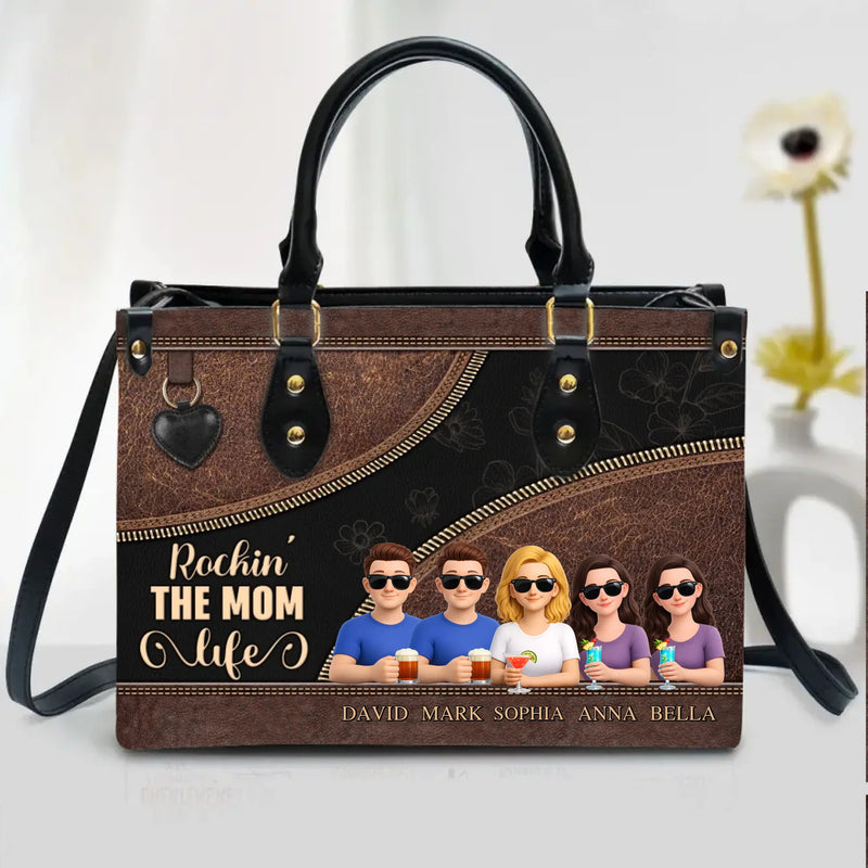 Personalized Mom PU Leather Handbag with Long Straps – “Rockin’ The Mom Life” – Gift for Mom from Children, Mother’s Day, Birthday with up to 4 Kids