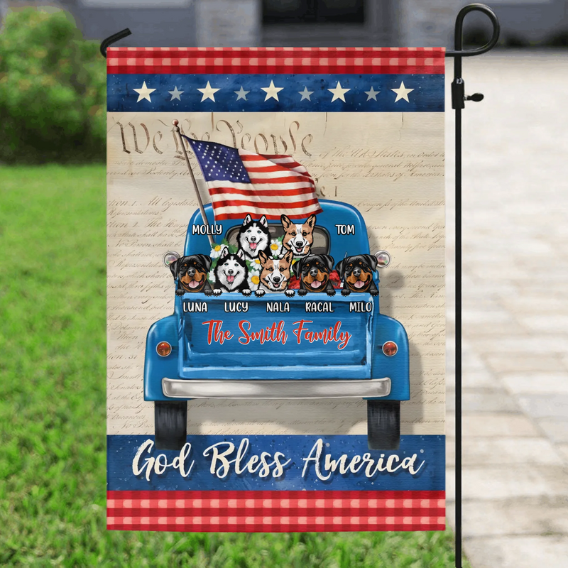 Personalized Pet Garden Flag with Family Name – Custom Pet Lover Patriotic Yard Decor, American Truck Flag Design, Gift for Dog Mom, Dog Dad with up to 7 Pets