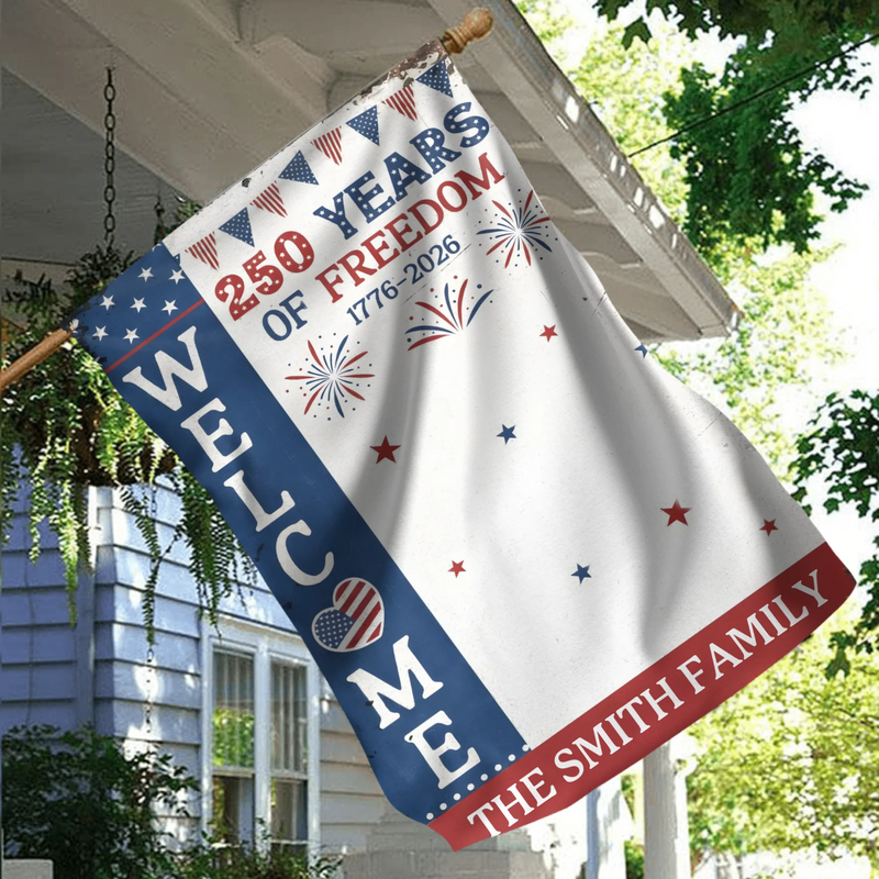 Personalized Welcome Garden Flag - 250 Years Of Freedom - Upload Family Photos with up to 9 Members - Custom Family Name