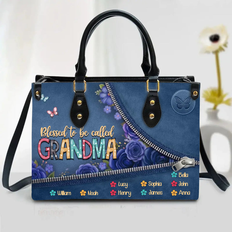 Personalized Grandma PU Leather Handbag with Long Traps - Mother's Gift Idea with up to 9 Kids - Blessed To Be Called Grandma