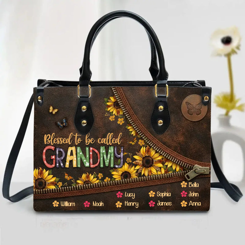 Personalized Grandma PU Leather Handbag with Long Traps - Mother's Gift Idea with up to 9 Kids - Blessed To Be Called Grandmy