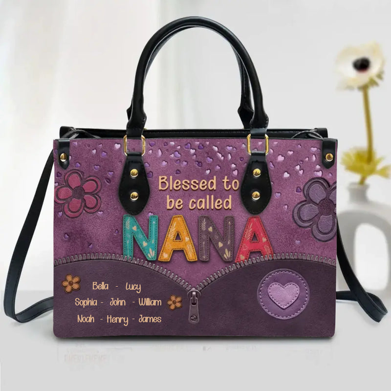 Personalized Nana PU Leather Handbag with Long Traps - Mother's Gift Idea with up to 8 Kids - Blessed To Be Called Nana