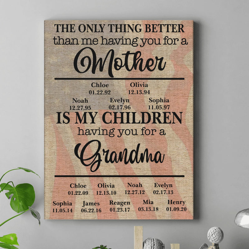 Personalized Mom to Grandma Canvas - The Only Thing Better Than Me Having You for a Mother Is My Children Having You for a Grandma - Meaningful Gift for Mother, Nana, Mother’s Day Gift with up to 9 Kids and 12 Grandkids